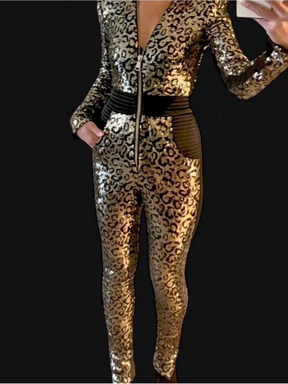 Zhivago Gold Leopard Sequin Zip-Front Jumpsuit